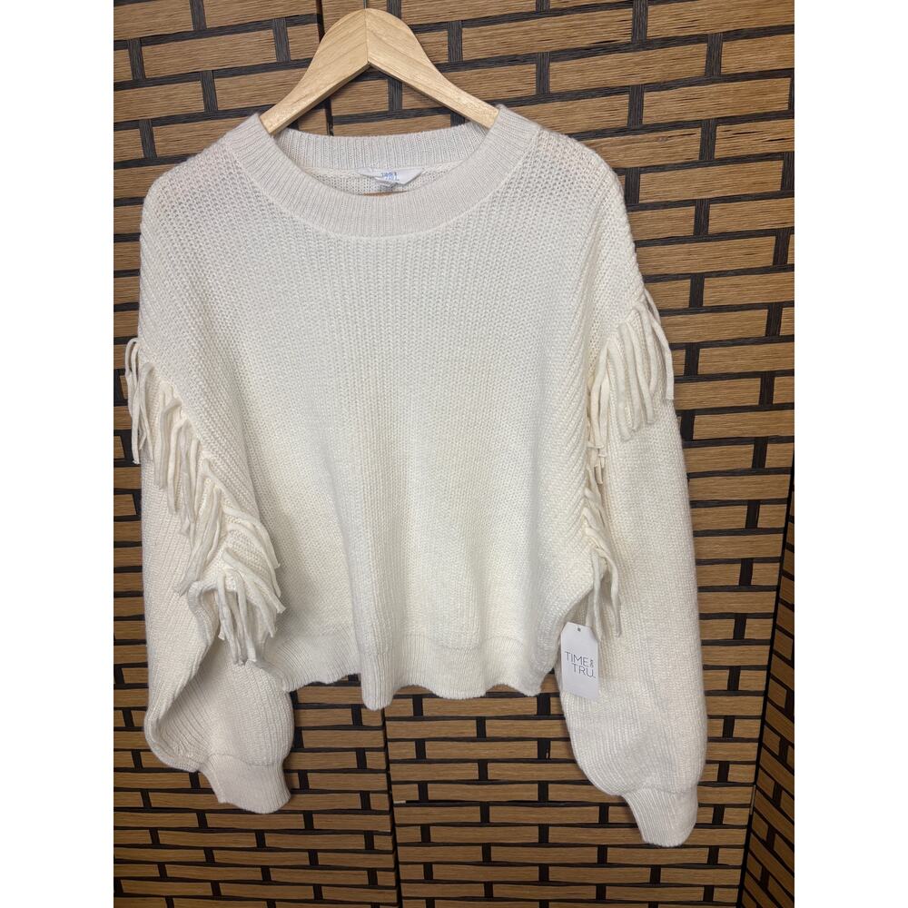 Time And Tru Cream Ribbed Fringe Shoulder Sweater Size‎ XL